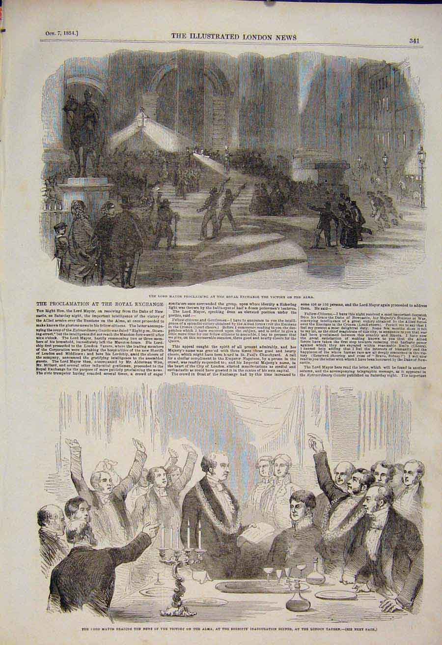 Original Old Antique Print Alma Victory Lord Mayor London Royal Exchange 1854