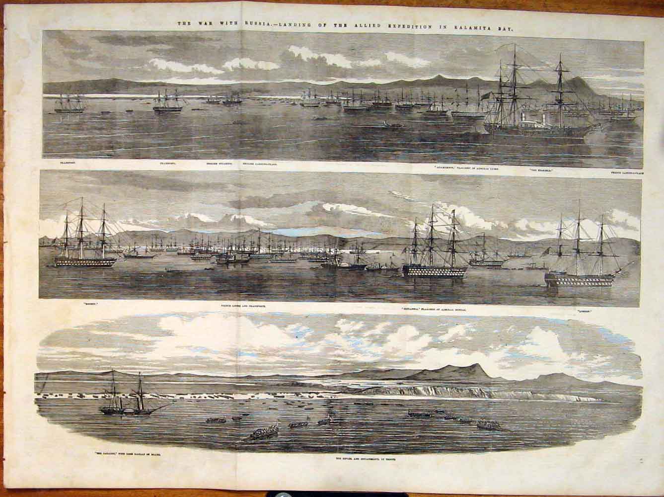 Original Old Antique Print War Russia Kallamita Bay Agamemnon Military 1854