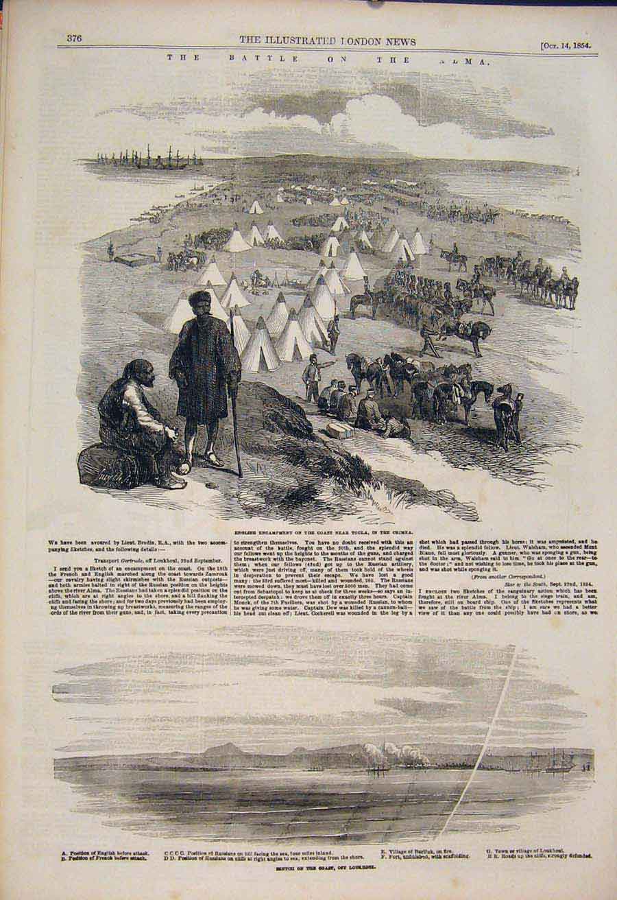 Original Old Antique Print Battle Alma Crimea Loukhoui Toula Military 1854 19th