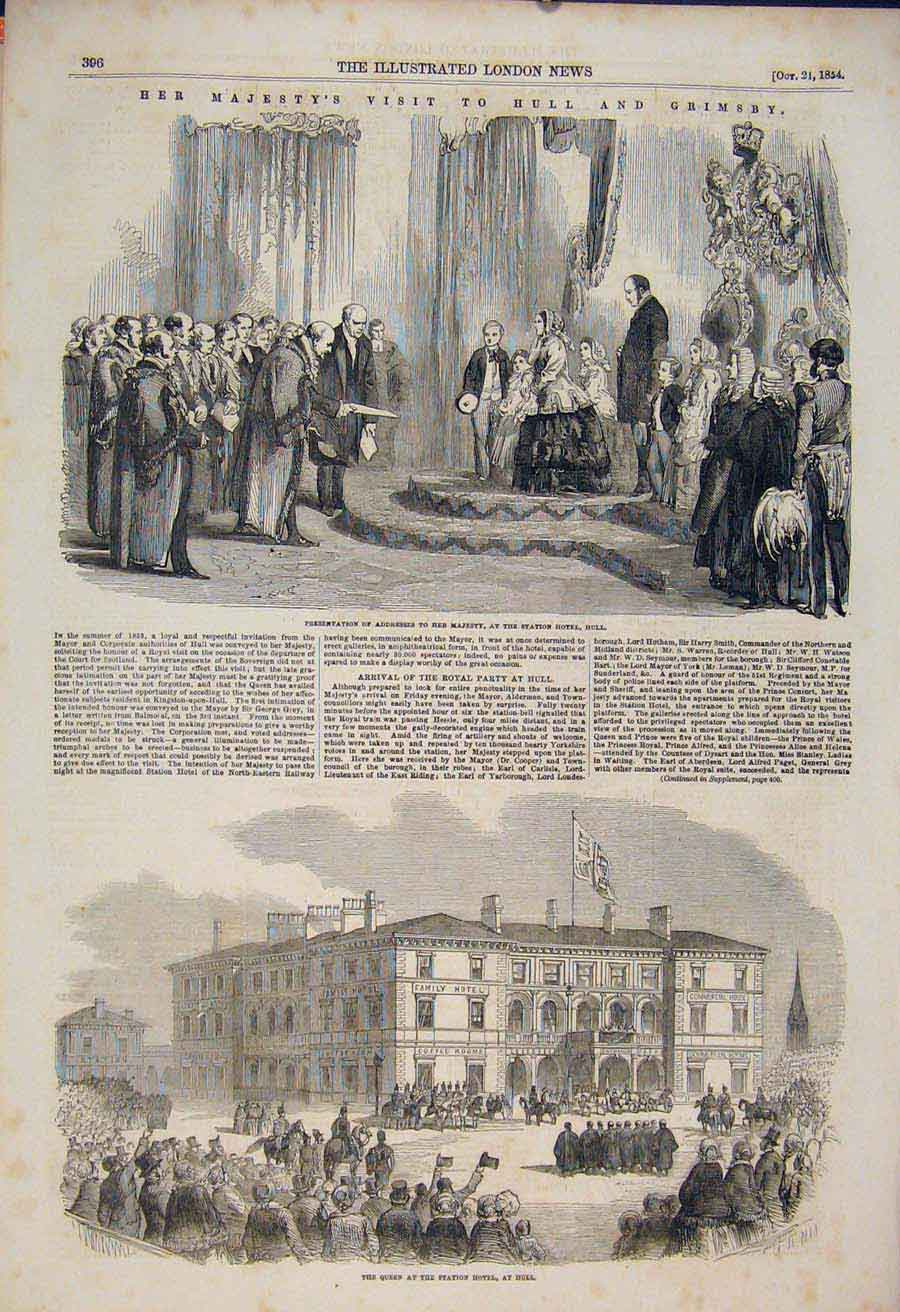 Original Old Antique Print Staion Hotel Hull Royal Party Grimsby 1854 Victorian