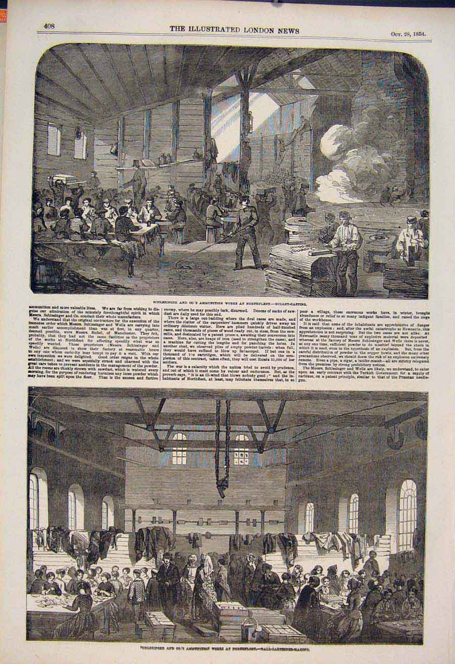 Original Old Antique Print Schlesinger Ammunition Factory Northfleet Bullet 1854