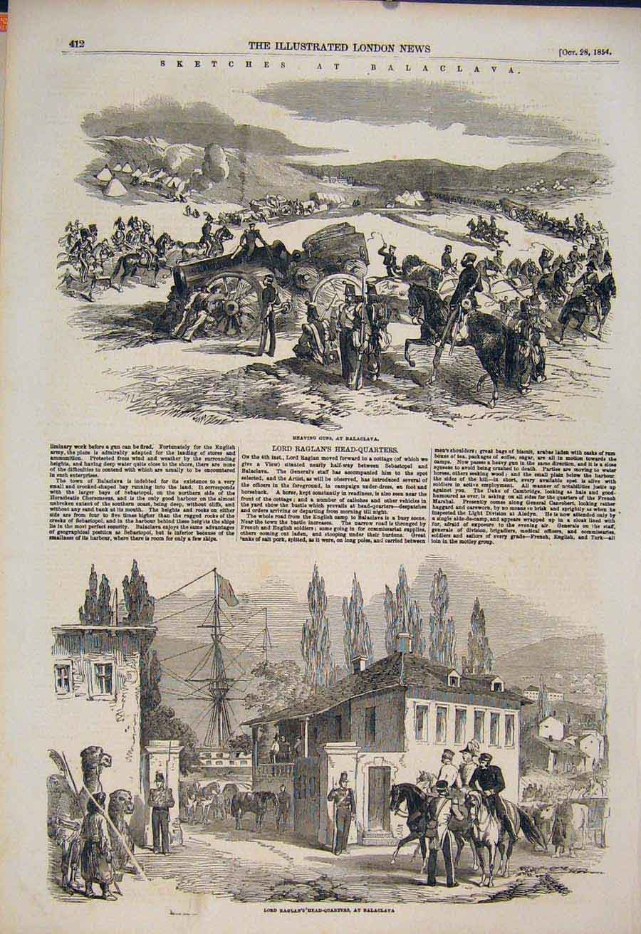 Original Old Antique Print Balaclava Sketch Raglan Sebastopol Military 1854 19th