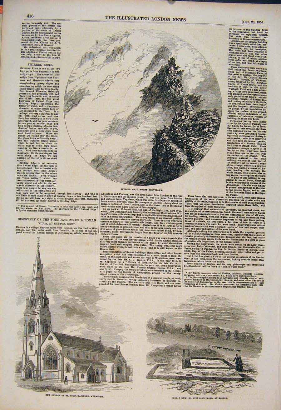 Original Old Antique Print Swirrel Edge Helvellyn Church Weymouth Keston Roman