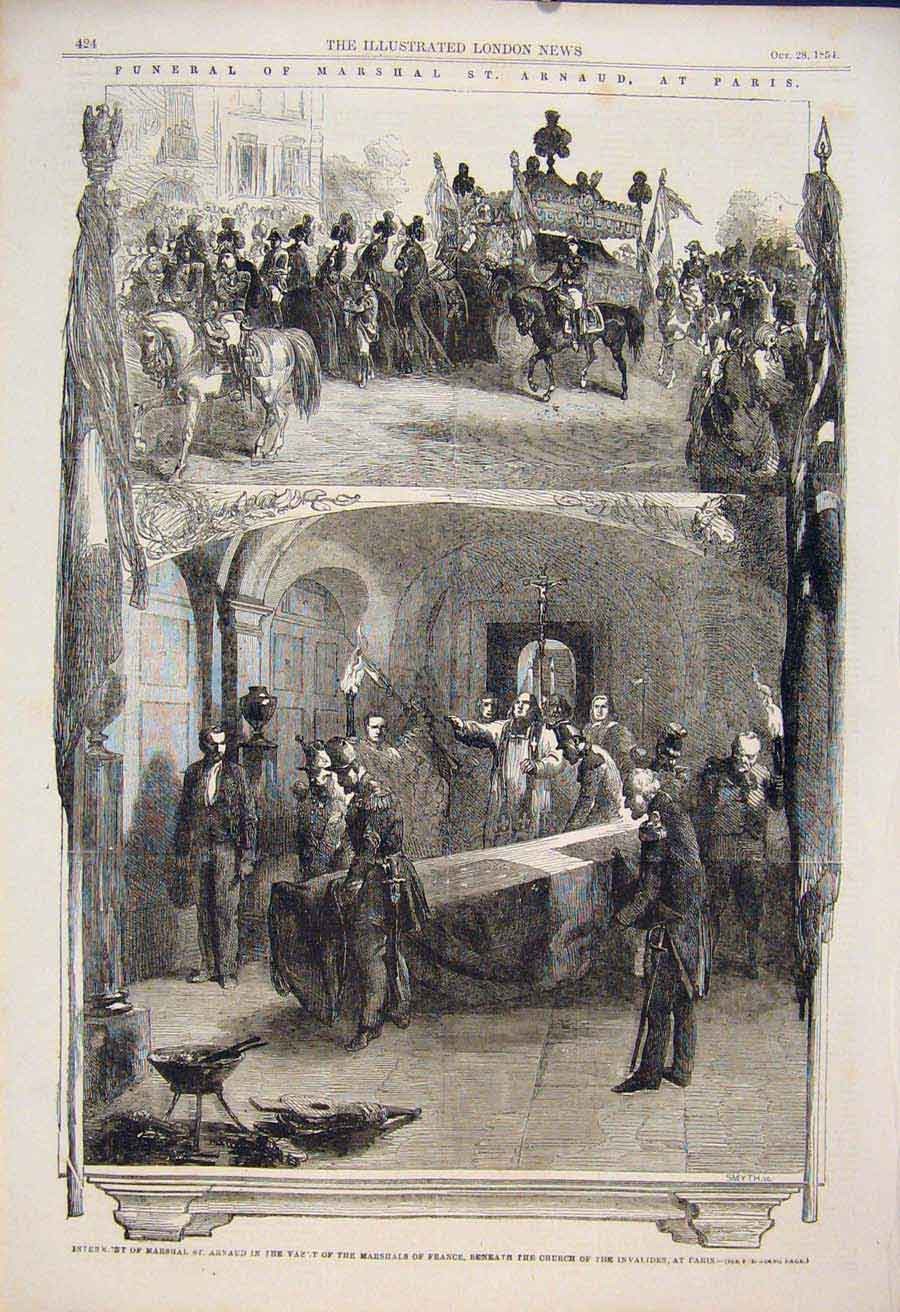Original Old Antique Print Funeral Marshall St Arnaud Paris France Church 1854