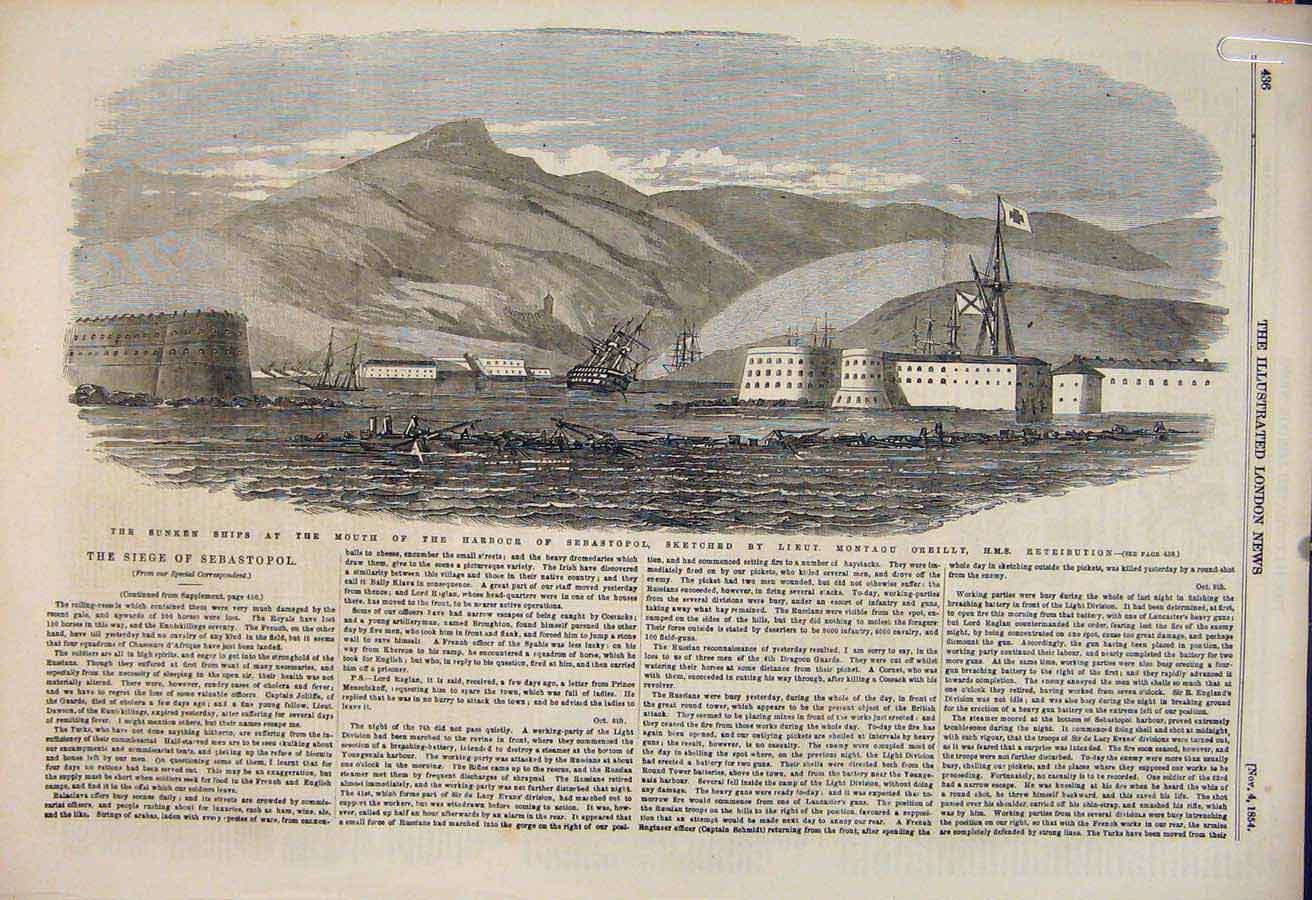 Old Antique Print Sebastopol Harbour Boat O'Reilly Wreck Battle War 1854 19th