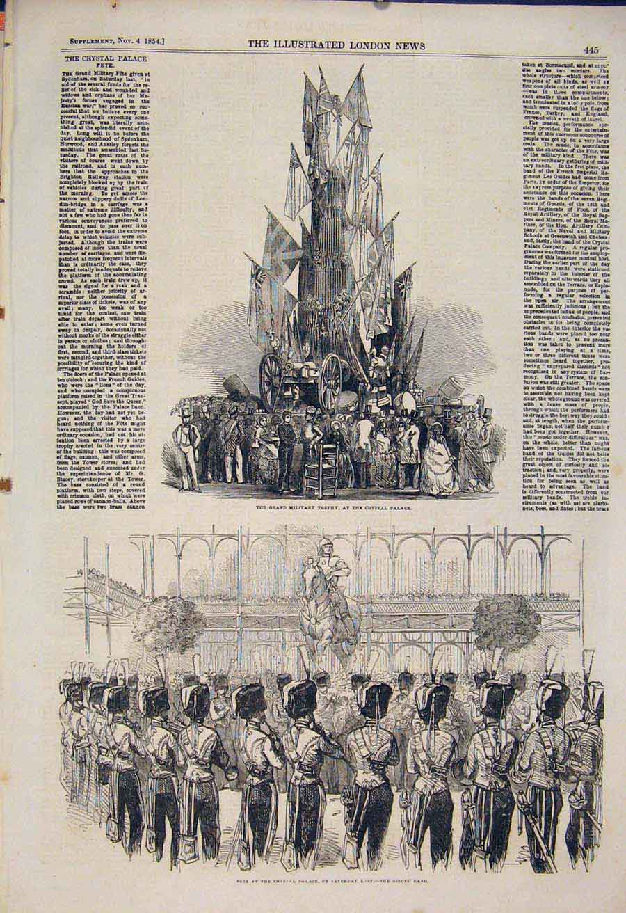 Old Antique Print Crystal Palace Military Trophy Fete Guides London 1854 19th