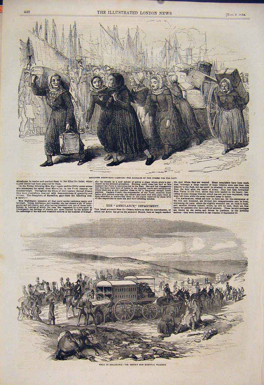 Original Old Antique Print Boulogne Fish Nurses Sebastopol Hospital 1854 19th