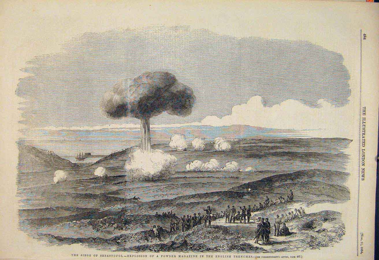 Original Old Antique Print Battle Siege Sebastopol Powder Magazine English 1854