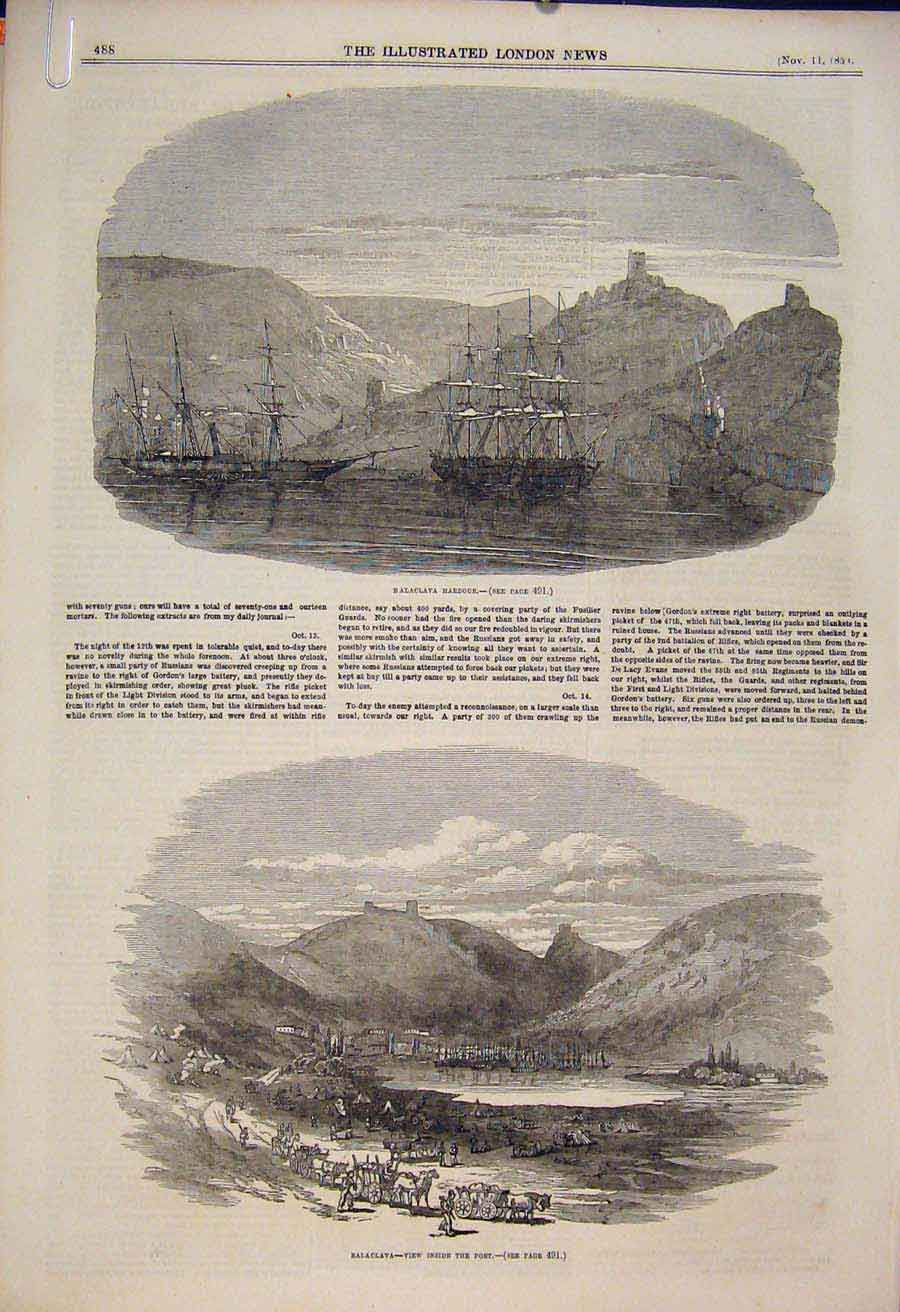 Original Old Antique Print Balaclava Harbour Port Pera Sebastopol Military 1854