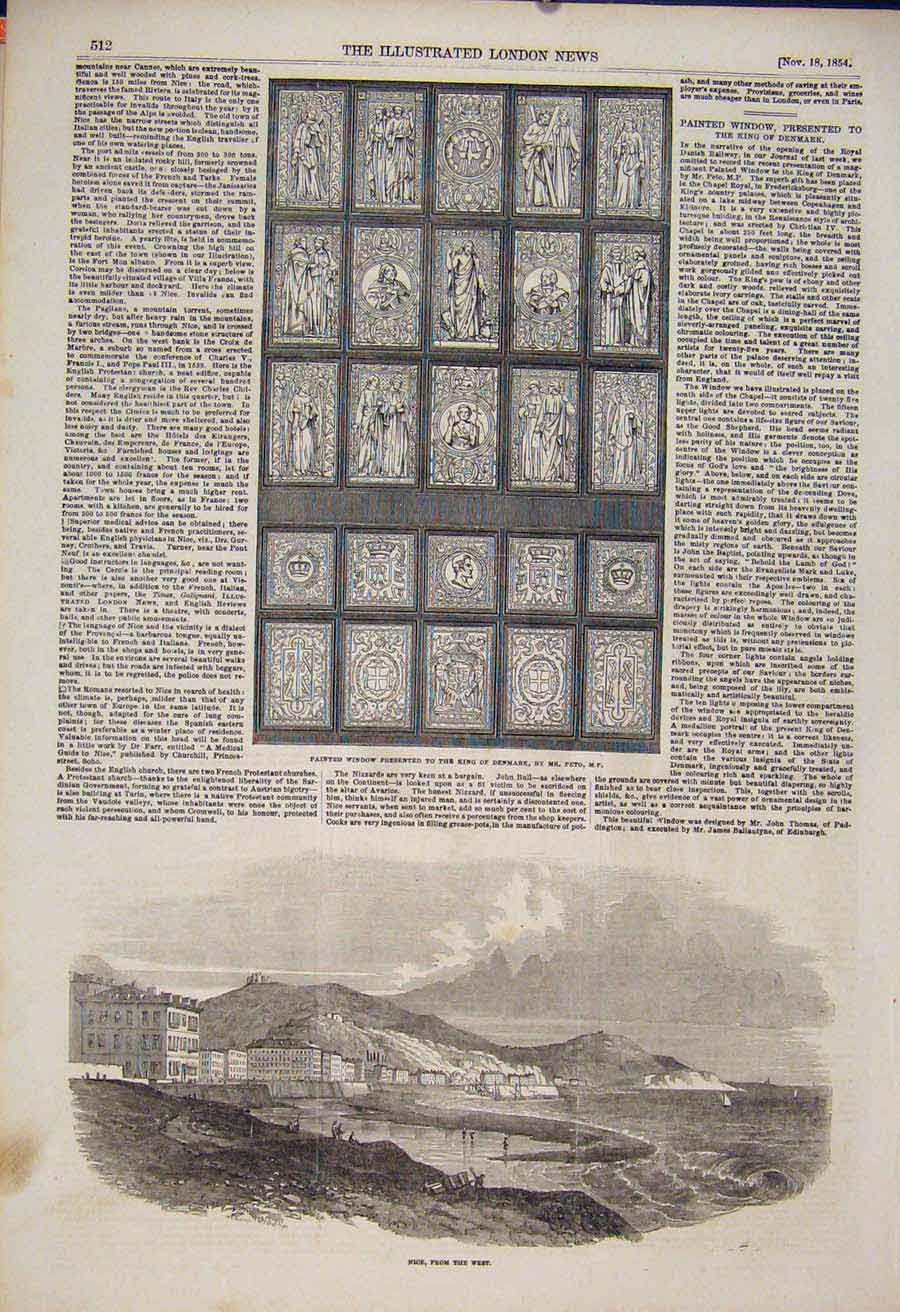 Original Old Antique Print Window King Denmark Peto Nice France 1854 Victorian