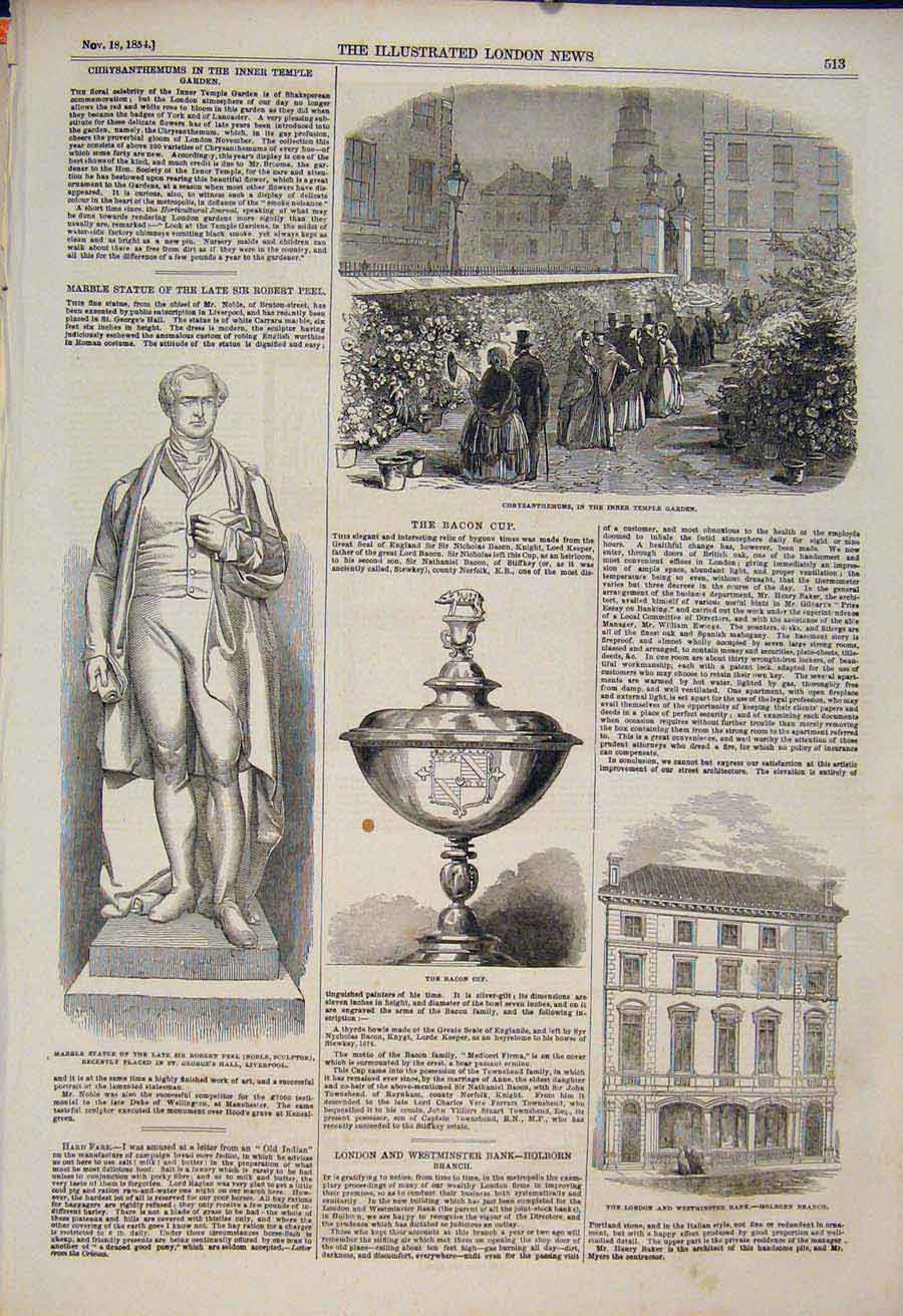 Old Antique Print Chrysanthemums Temple Garden Bacon Cup Statue Peel Bank