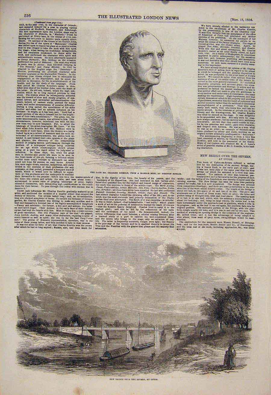 Original Old Antique Print Bust Kemble Butler Bridge Severn River Upton 1854