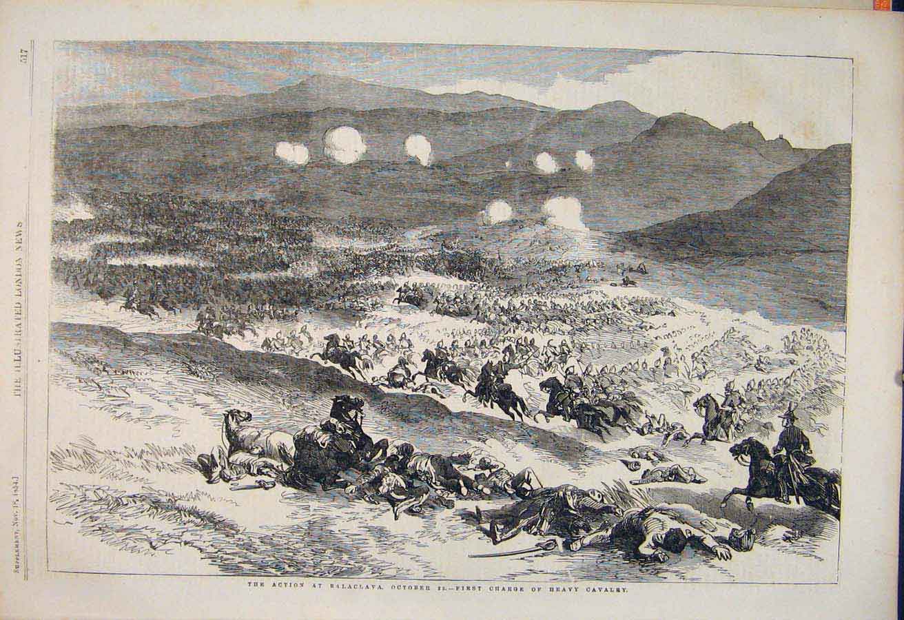 Original Old Antique Print Balaclava Cavalry Battle Sebastopol Military 1854