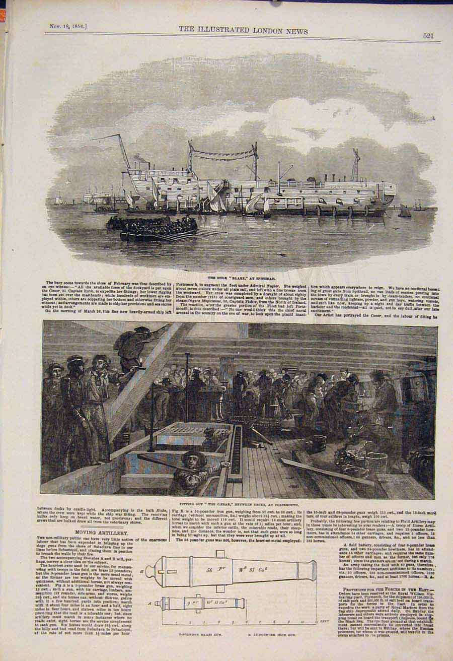 Original Old Antique Print Hulk Blake Spithead Caesar Portsmouth Military 1854