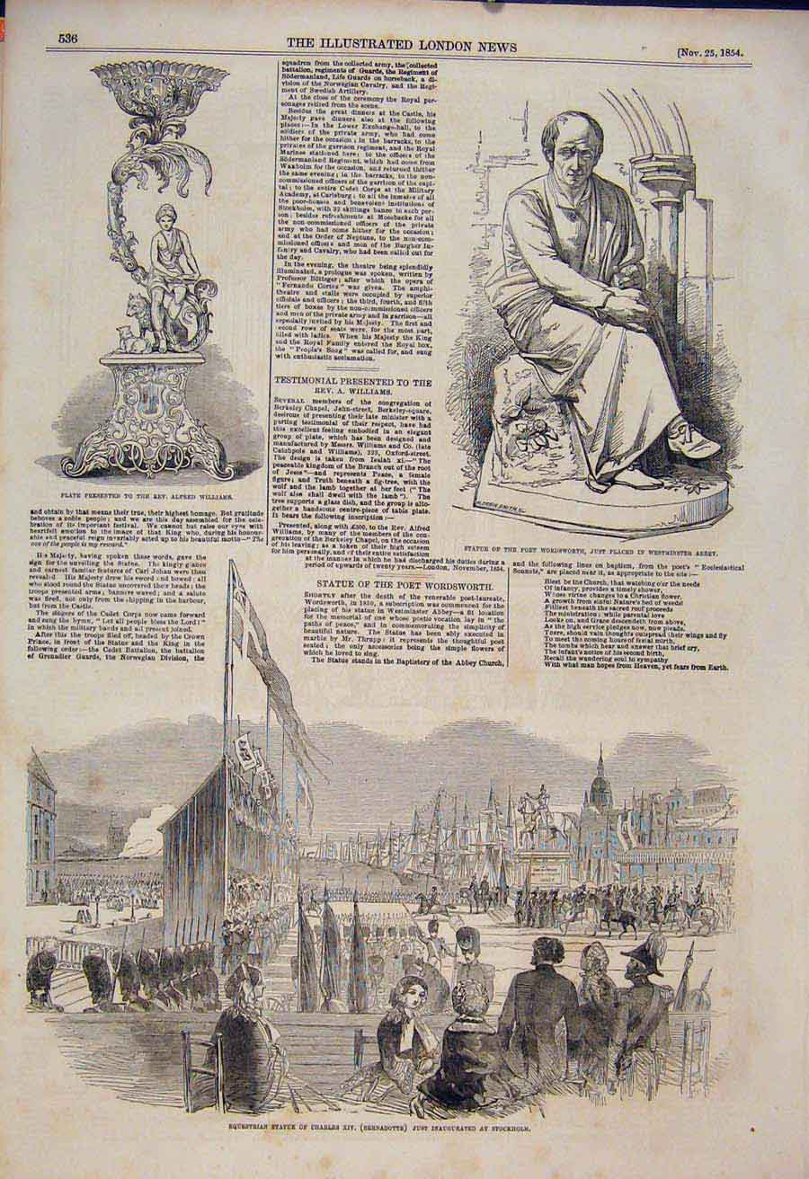 Original Old Antique Print Statue Charles Stockholm Wordsworth Westminster 1854