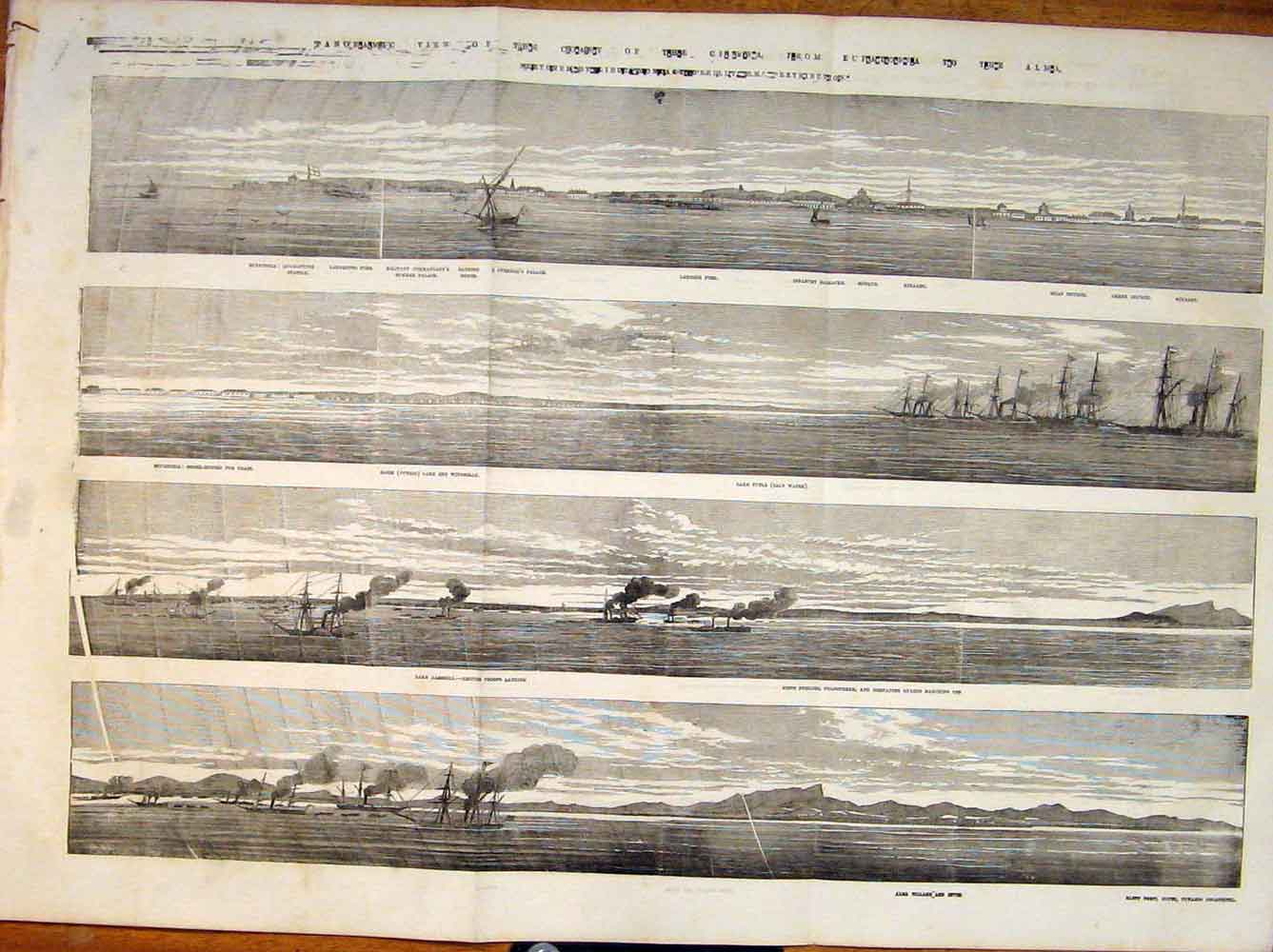 Original Old Antique Print Crimea Coast Panoramic Alma Tuzla Military 1854 19th