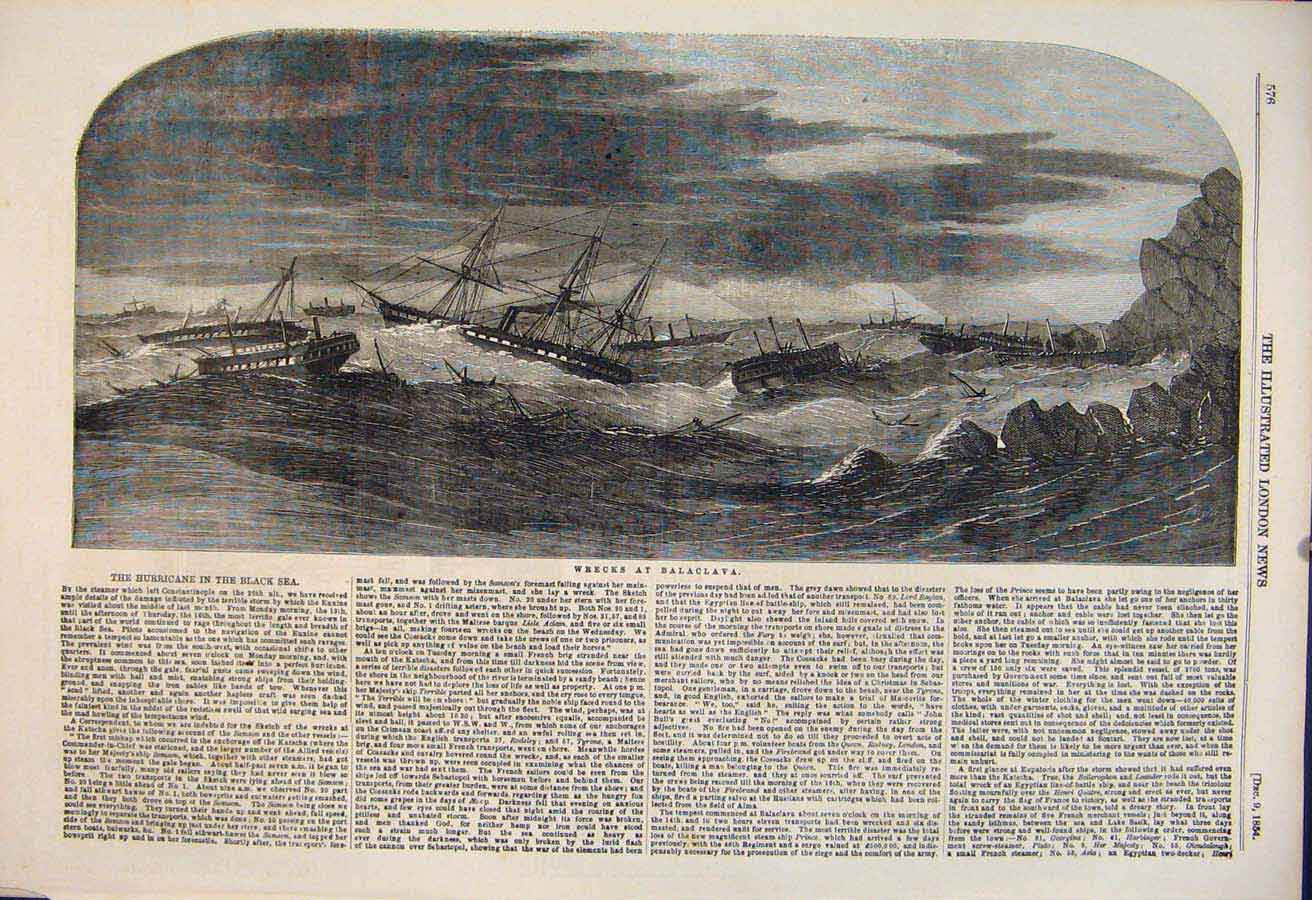 Original Old Antique Print Wreck Ship Balaclava Black Sea Constantinople 1854
