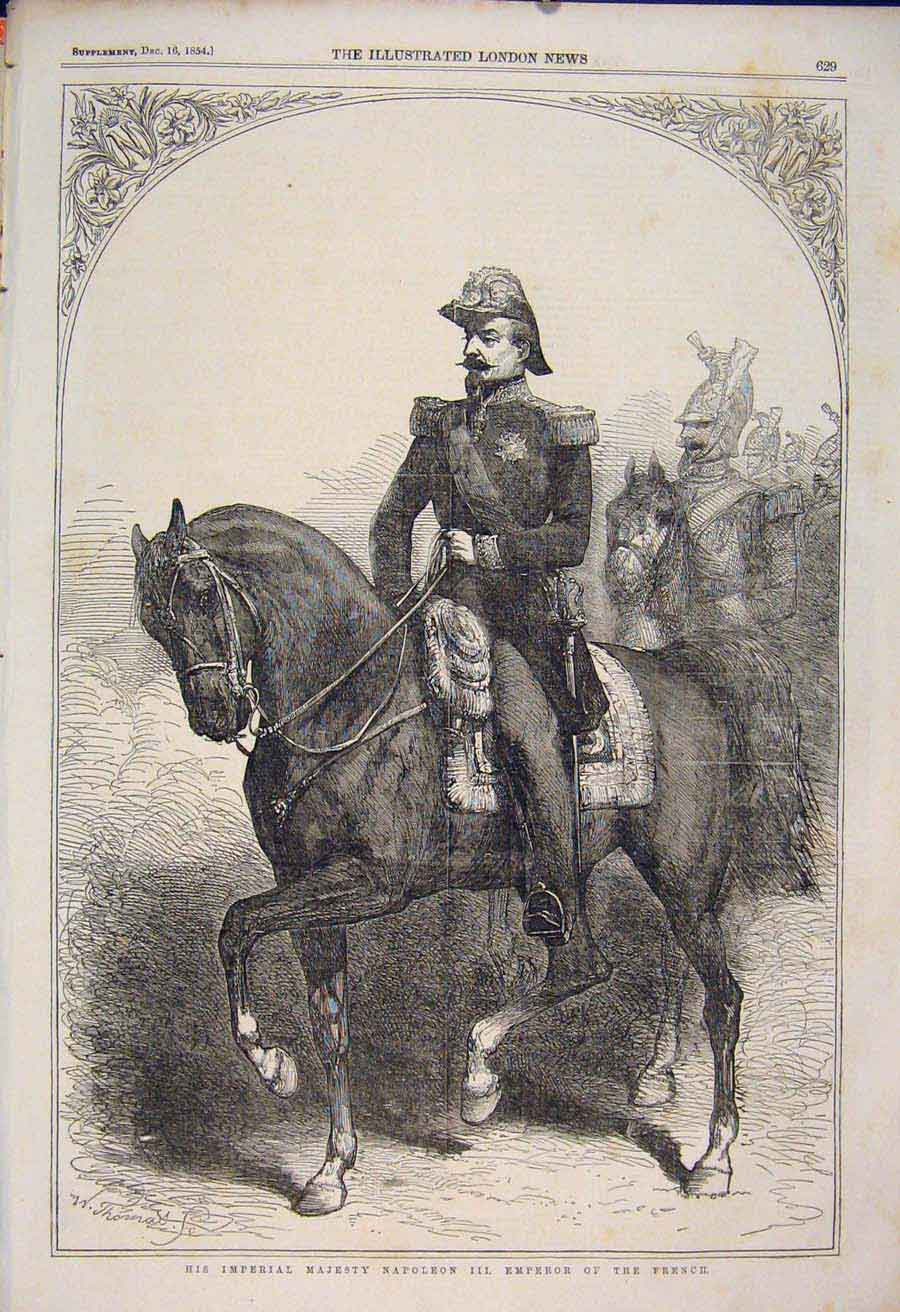 Original Old Antique Print Imperial Napoleon Emperor French Portrait Horse 1854