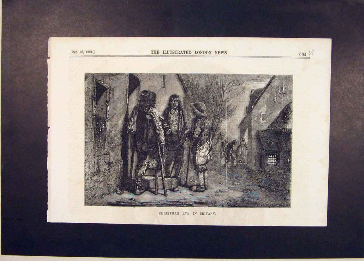 Original Old Antique Print Christmas Eve Britany France Brittany 1854 Victorian