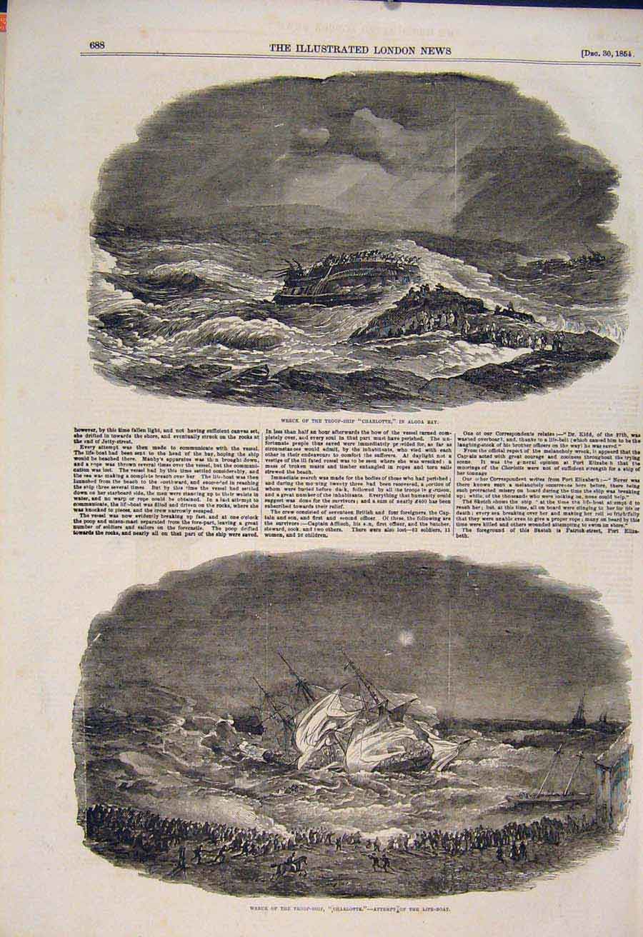 Original Old Antique Print Wreck Troop Ship Charlotte Algoa Life Boat 1854 19th