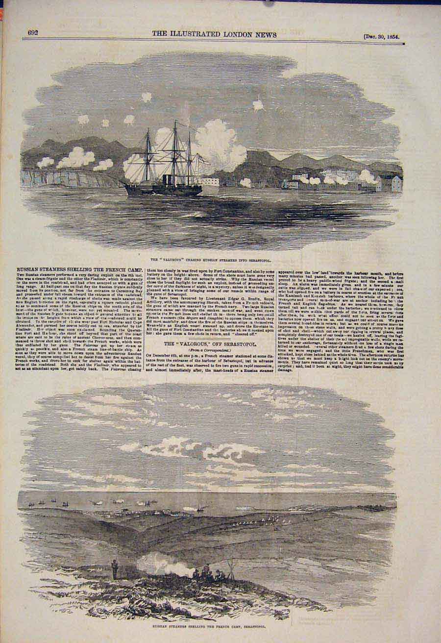 Original Old Antique Print Sebastopol Russian Steamers Valorous Steamer 1854