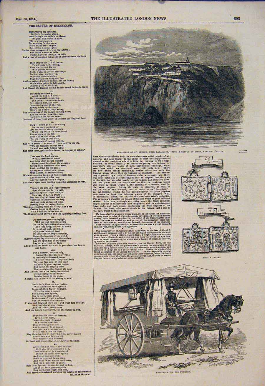 Original Old Antique Print Monastery Balaclava O'Reilly Ambulance Russian Amulet