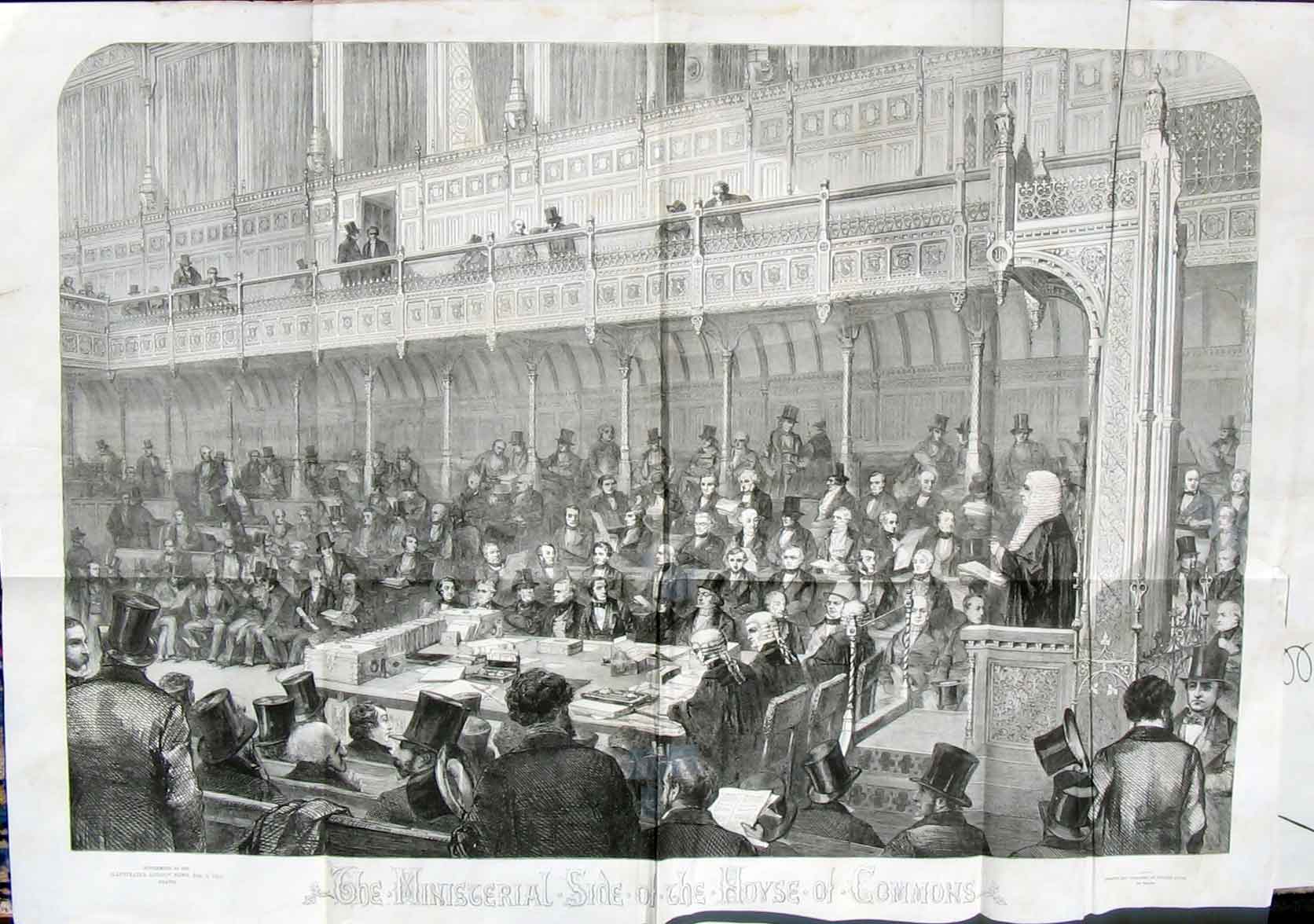 Original Old Antique Print House Commons Ministerial Ministers London 1854 19th