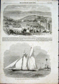 Old Antique Print Fete Ryde Waterworks Thames Yacht Schooner Shark Mouse