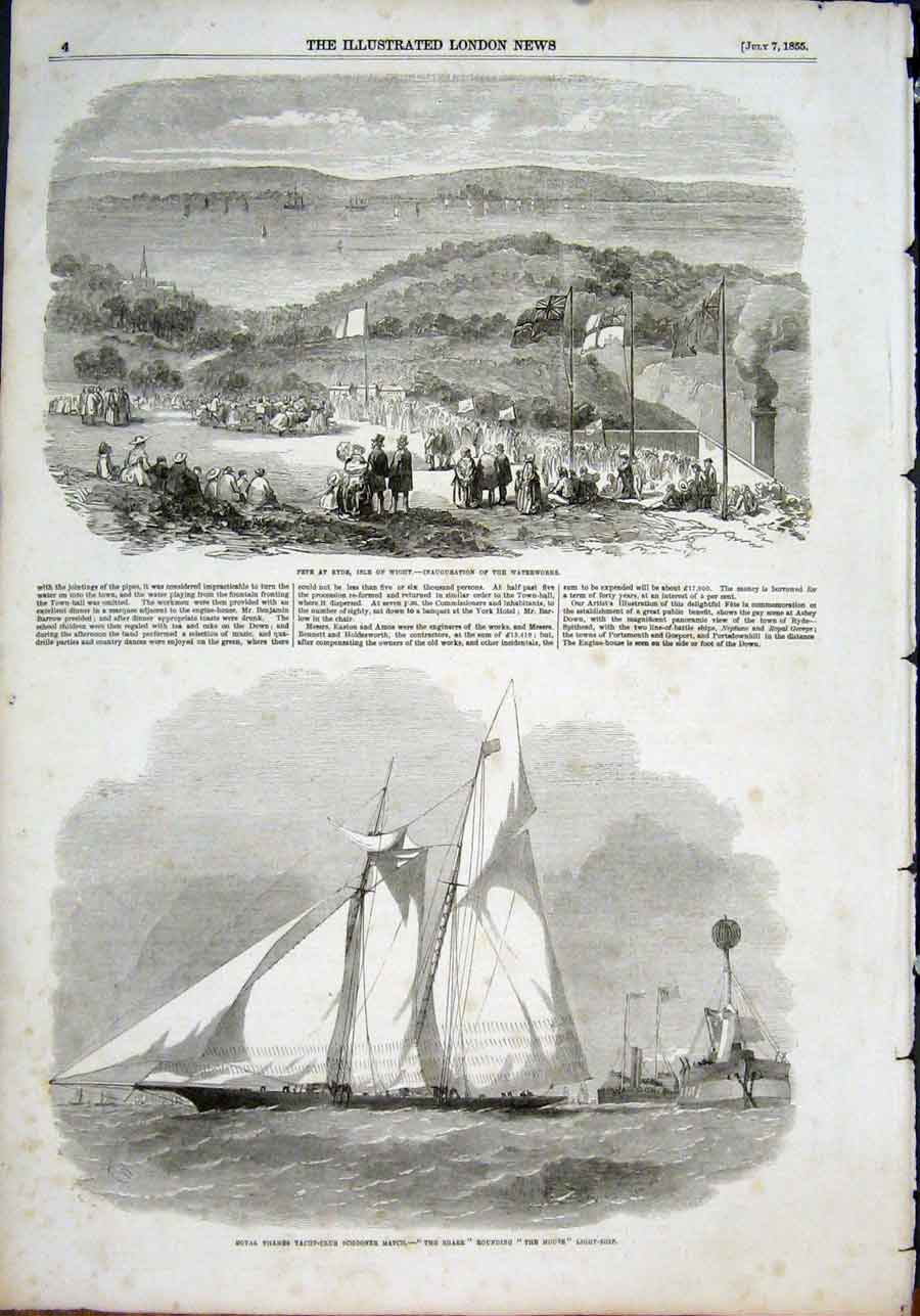Old Antique Print Fete Ryde Waterworks Thames Yacht Schooner Shark Mouse