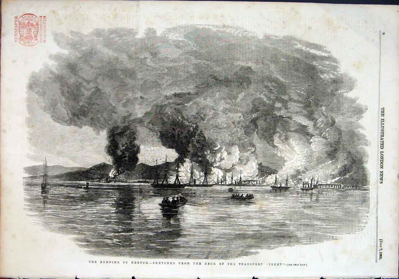 Original Old Antique Print Burning Kertch Sketch Trent Fire 1855 19th