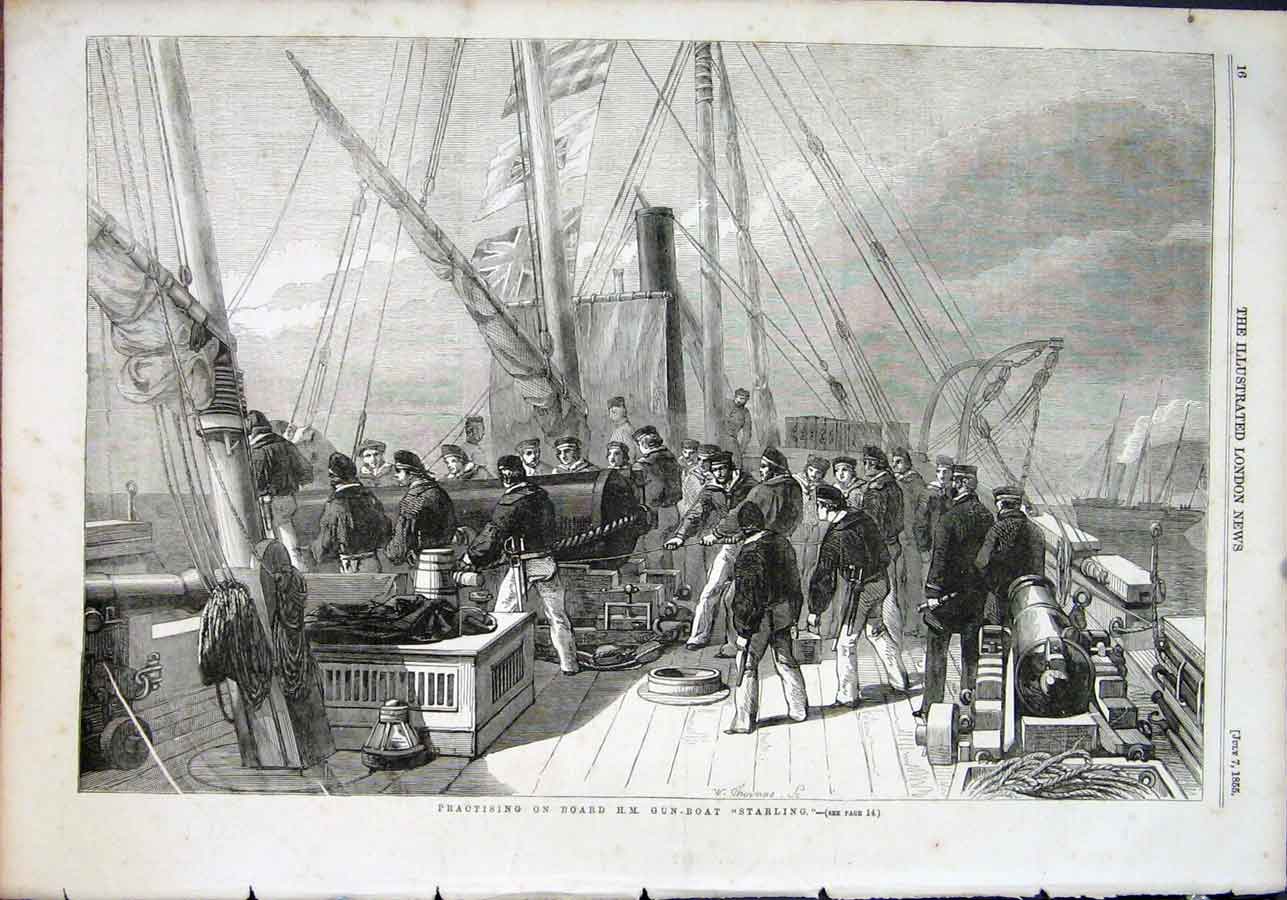 Original Old Antique Print Hm Gun Boat Starling Practising Gun-Boat 1855 19th