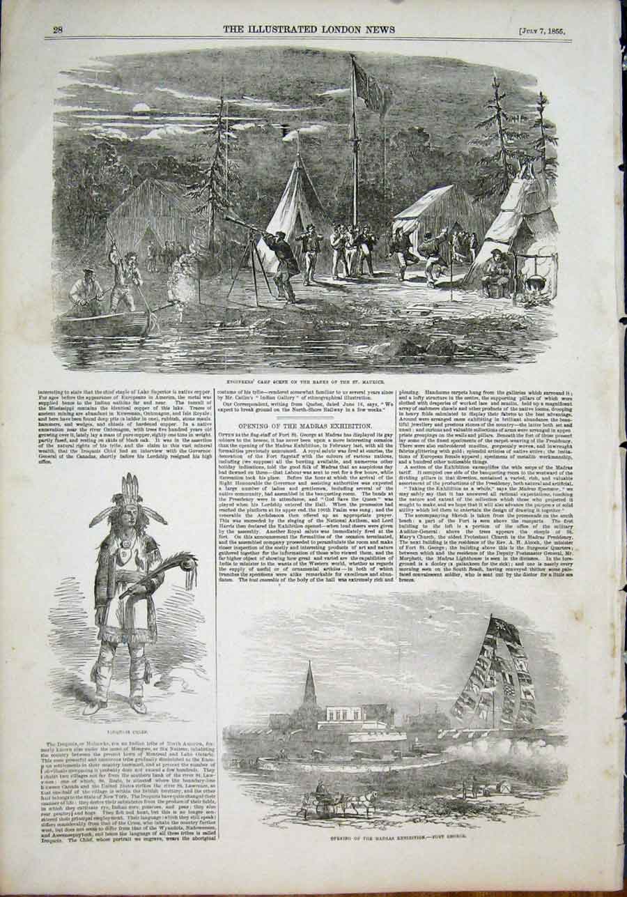 Original Old Antique Print St Maurice Engineer Iroquois Chief Madras Exhibition