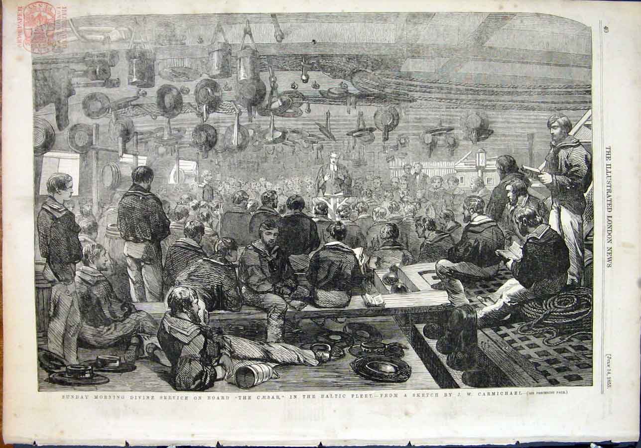 Old Antique Print The Caesar Baltic Fleet Service Sketch Carmichael 1855 19th