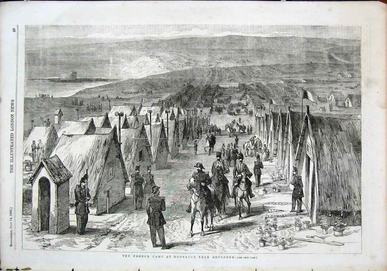 Original Old Antique Print French Camp Honvault Boulogne France War 1855 19th