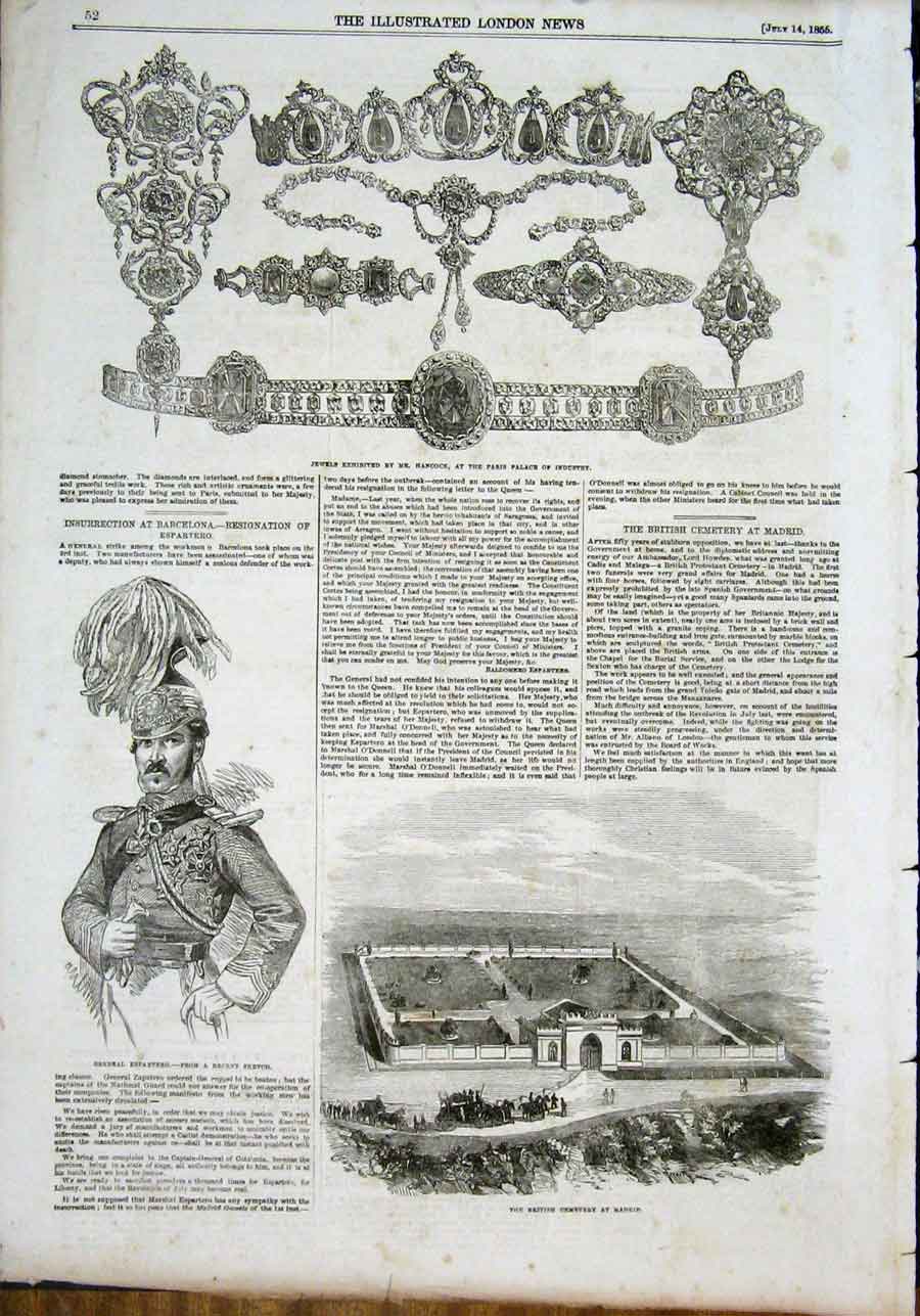 Original Old Antique Print Jewels Hancock Paris Palace Espartero Cemetery Madrid