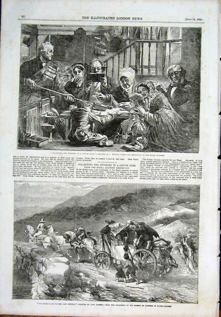Original Old Antique Print Scotch Kirk Phillip Stage Coach Gilbert Fine Art 1855