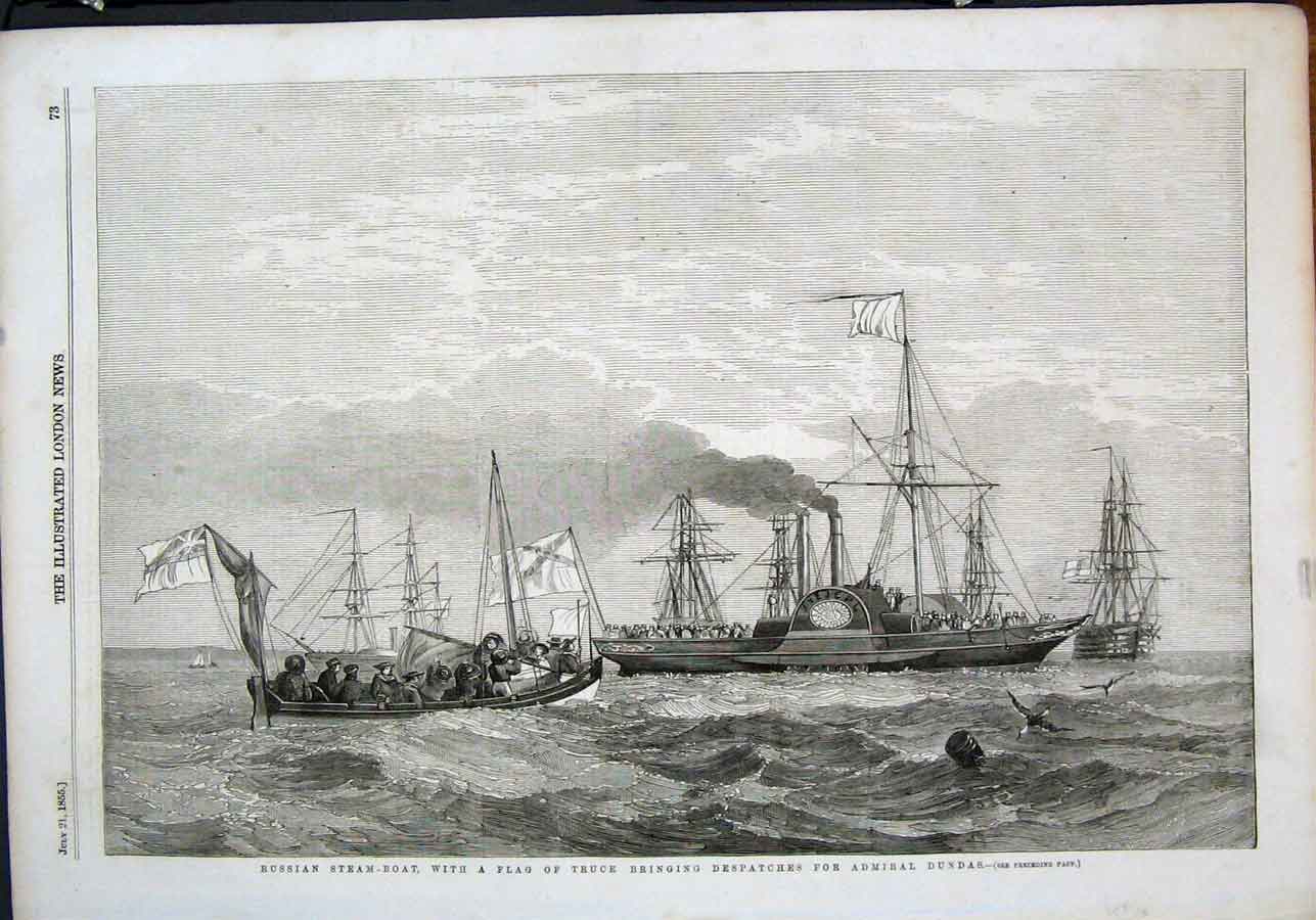 Original Old Antique Print Russian Steam Boat Admiral Dundas Ship Ships 1855