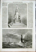 Original Old Antique Print Wellington Manchester Noble Lighthouse Stanfield 1855