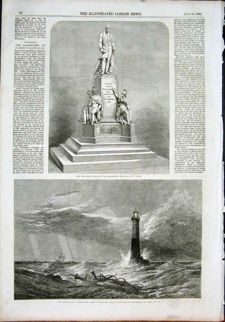 Original Old Antique Print Wellington Manchester Noble Lighthouse Stanfield 1855