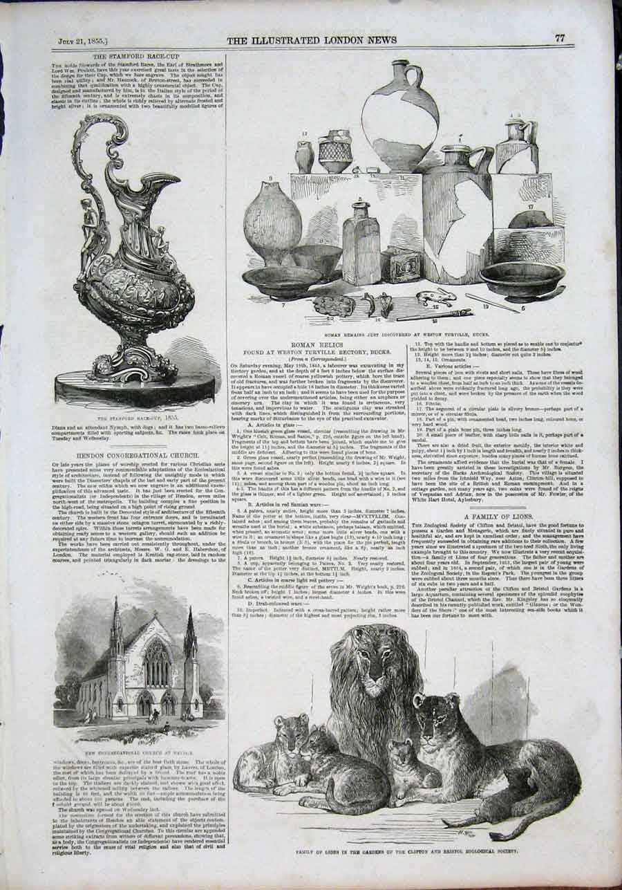 Old Antique Print Roman Relics Lions Zoo Hendon Church Stamford Race 1855 19th