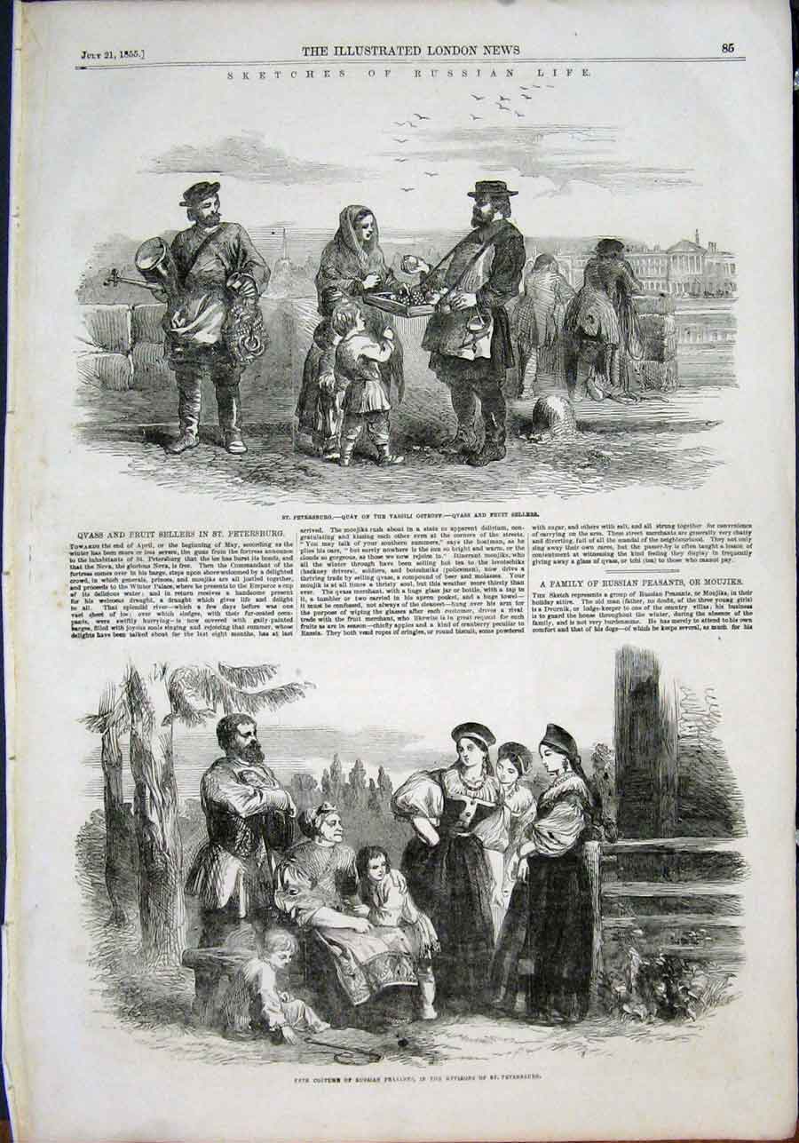 Original Old Antique Print Sketches Russian Life Russia St Petersburg Fete 1855