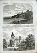 Original Old Antique Print Dunrobin Castle Scotland Sutherland Tower 1855 19th