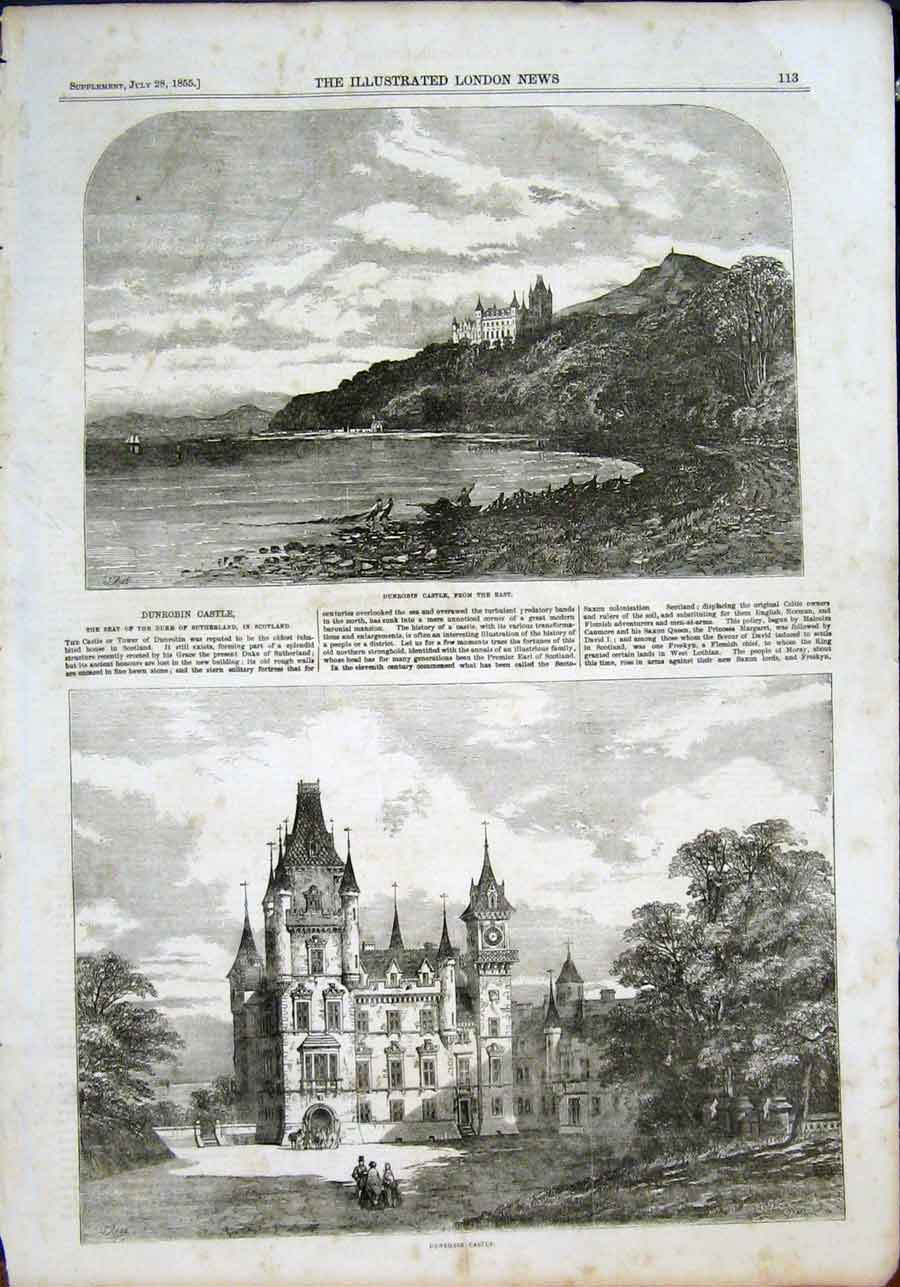 Original Old Antique Print Dunrobin Castle Scotland Sutherland Tower 1855 19th