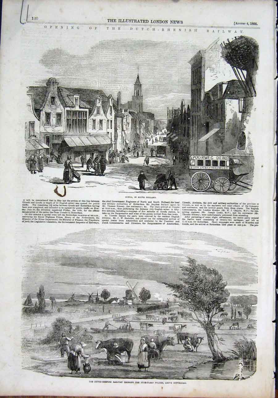 Original Old Antique Print Gouda Holland Rotterdam Railway Dutch Rhenish 1855