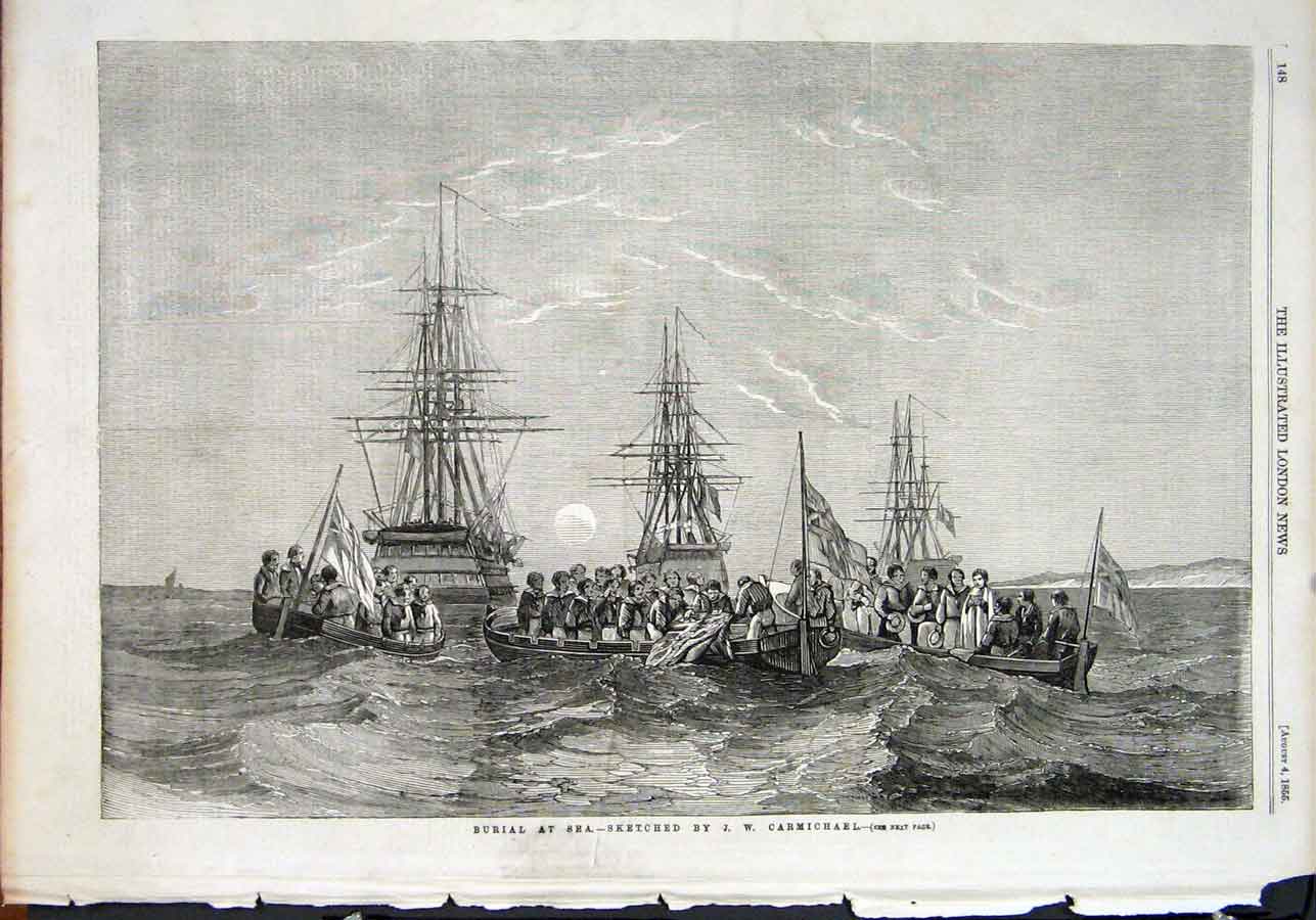 Original Old Antique Print Burial At Sea Carmichael Sketch 1855 19th
