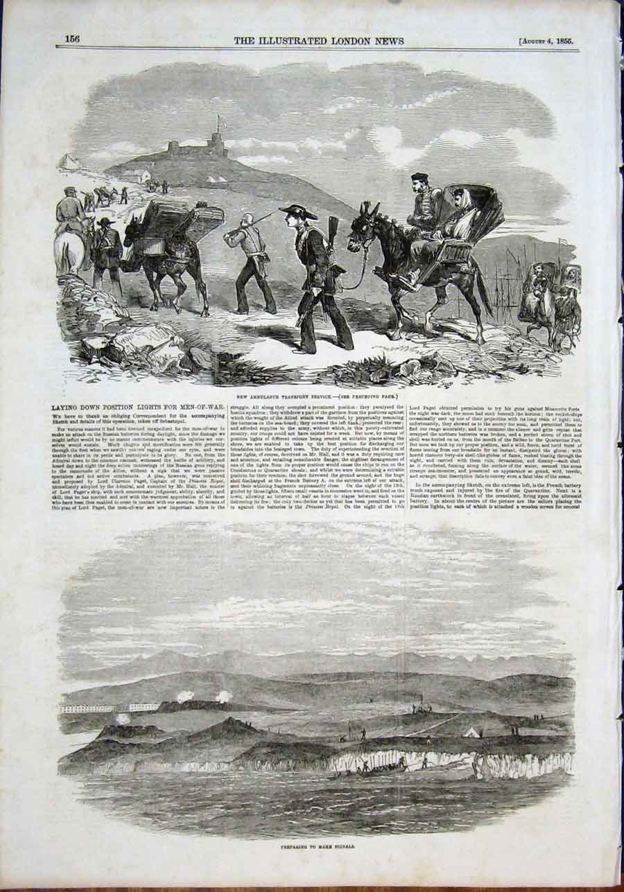 Original Old Antique Print Ambulance Transport Service Signals 1855 War 19th
