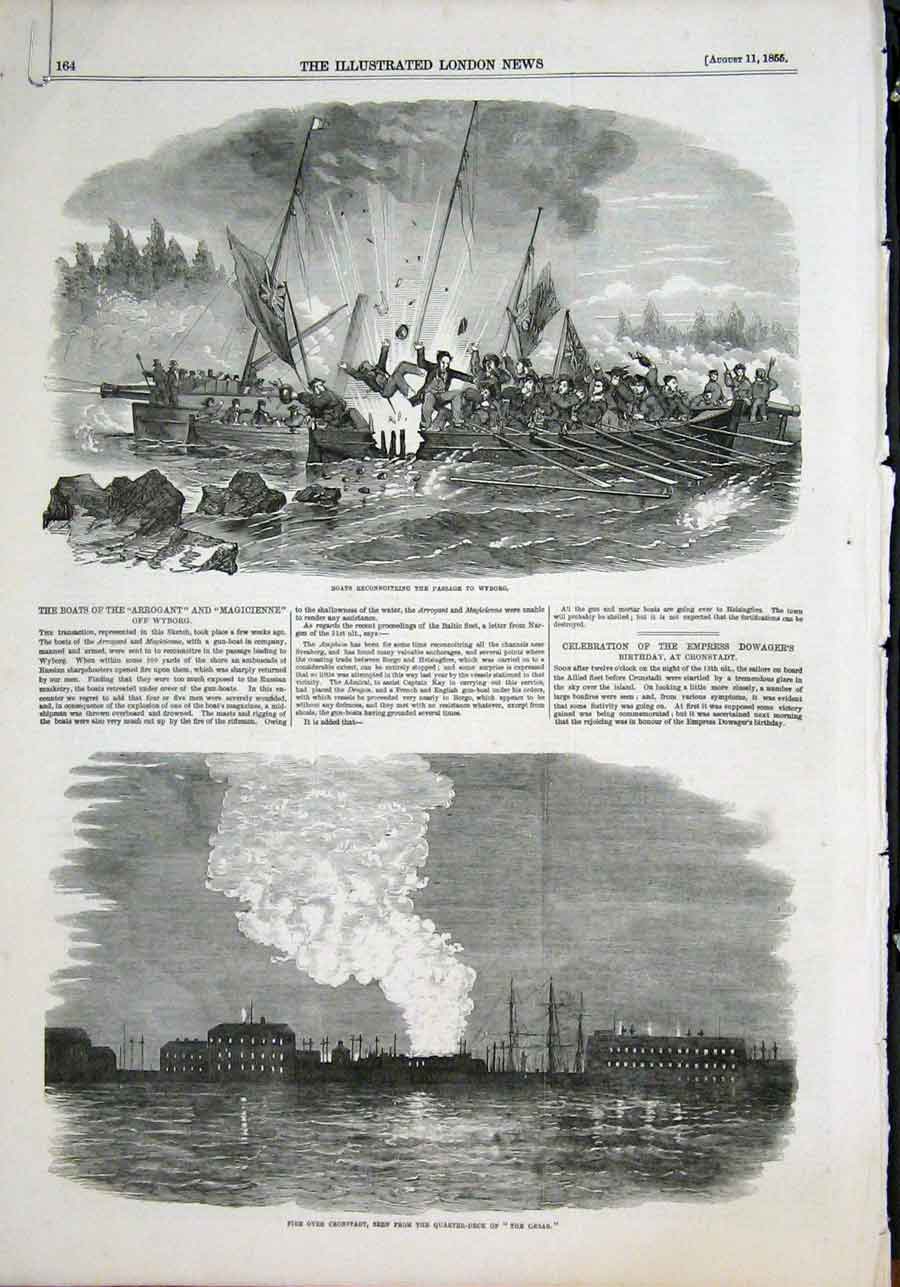 Original Old Antique Print Boats Wyborg Fire Cronstadt Sea Azoff Lancaster Guns