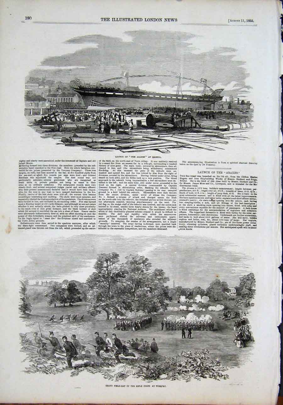 Original Old Antique Print Araxes Bristol Rifle Corps Torquay Field Day 1855