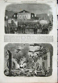 Original Old Antique Print Sebastopol Theatre Explosion Castel Nuovo Naples 1855