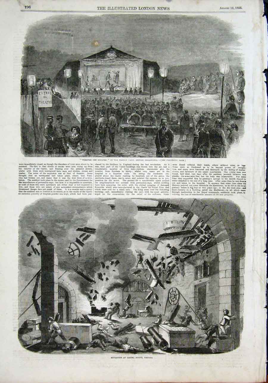 Original Old Antique Print Sebastopol Theatre Explosion Castel Nuovo Naples 1855